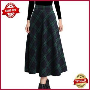 Wool Plaid A-Line Pleated Long Skirt Elastic Waist Winter Warm